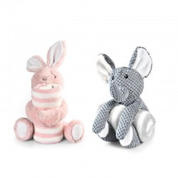 Peluche 2 en 1 avec plaid lapin ou éléphant